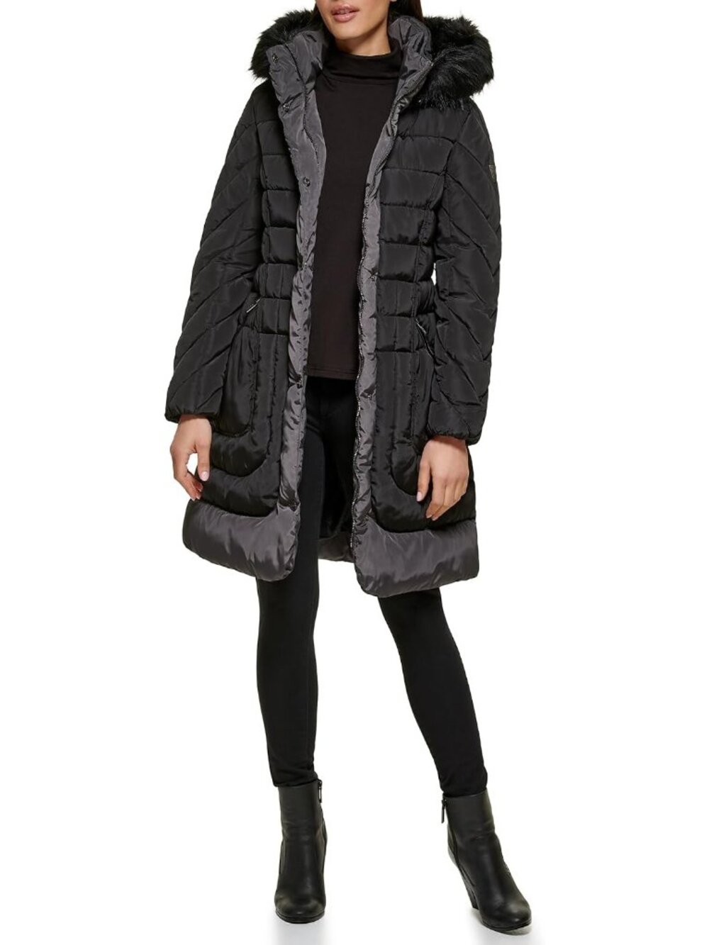Guess Women's Belted Black Midweight Imported Polyester Long Puffer Jackets